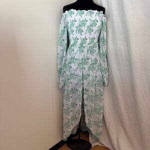 Green Floral Maxi Romper Dress Smocked Bodice Sheer Sleeves Prairie Cottagecore